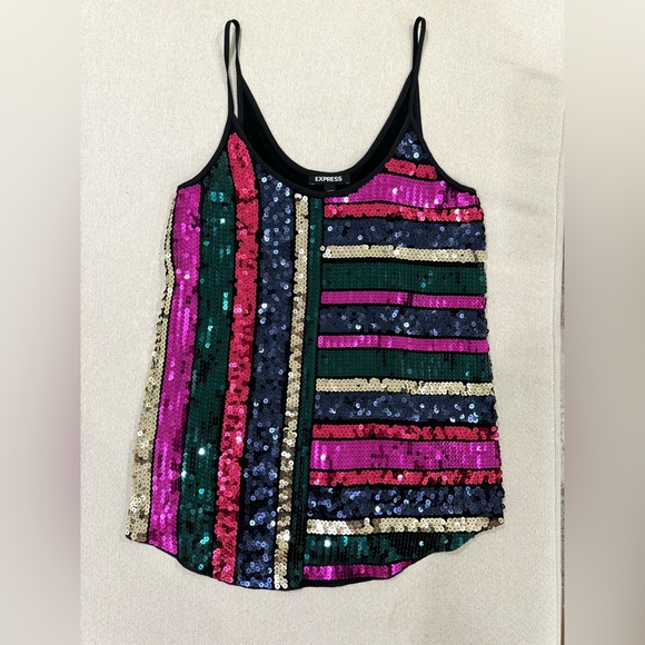 Express Stripe Color Block Sequin Top - Picture 1 of 8